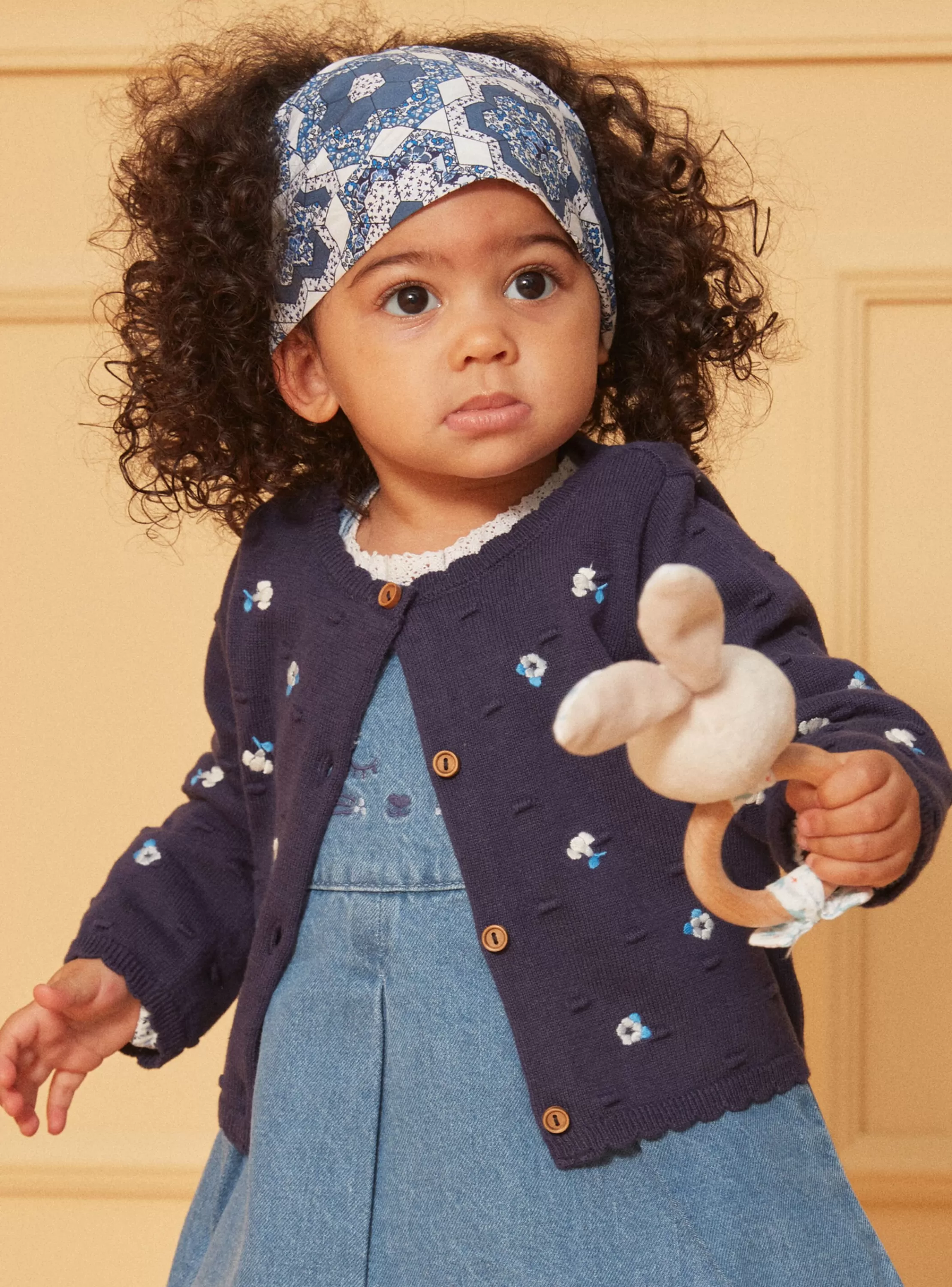 New Sergent Major Cardigan bleu marine texturé à fleurs brodées