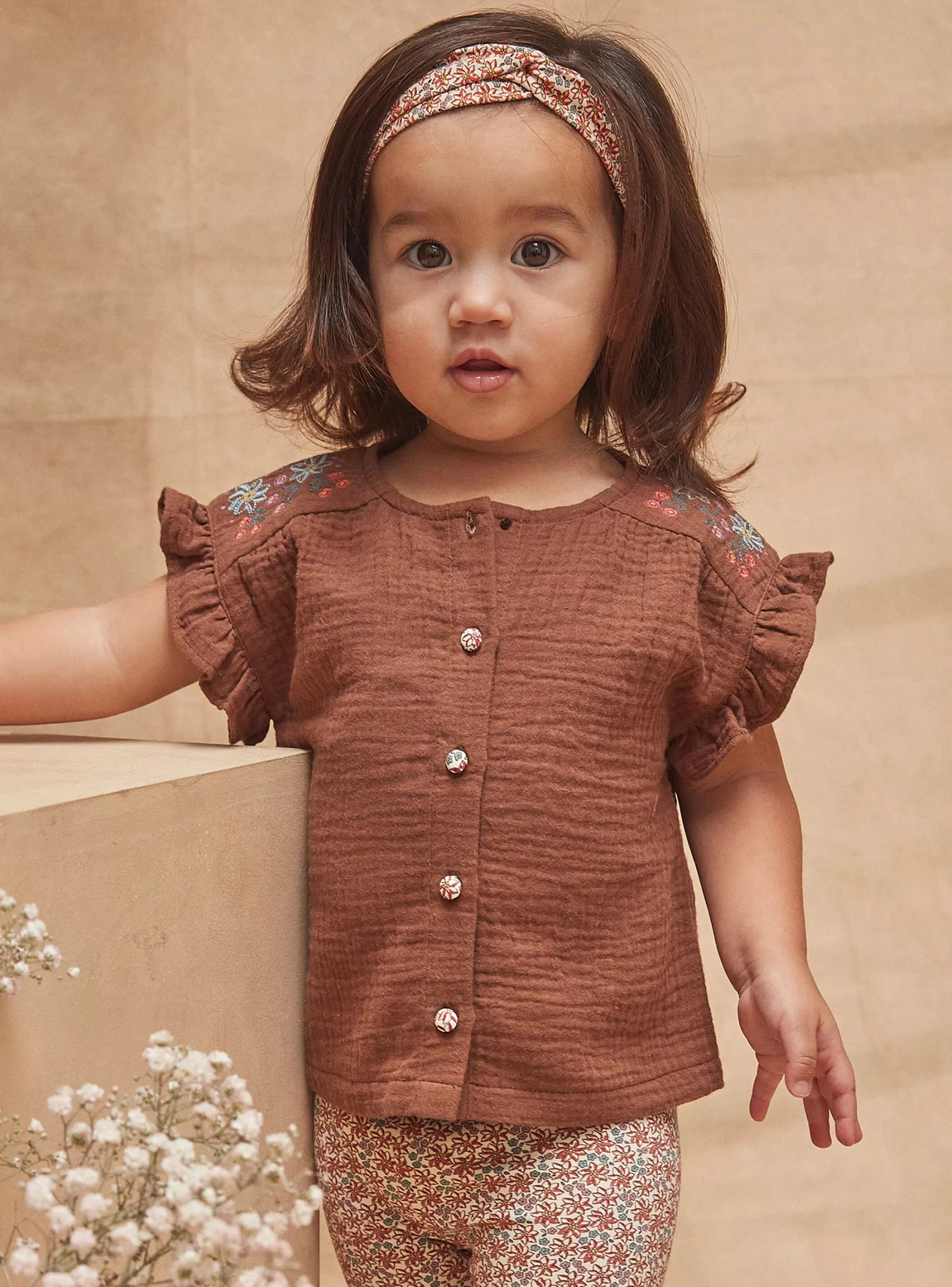 Fashion Sergent Major Chemisier fluide marron chocolat avec broderies