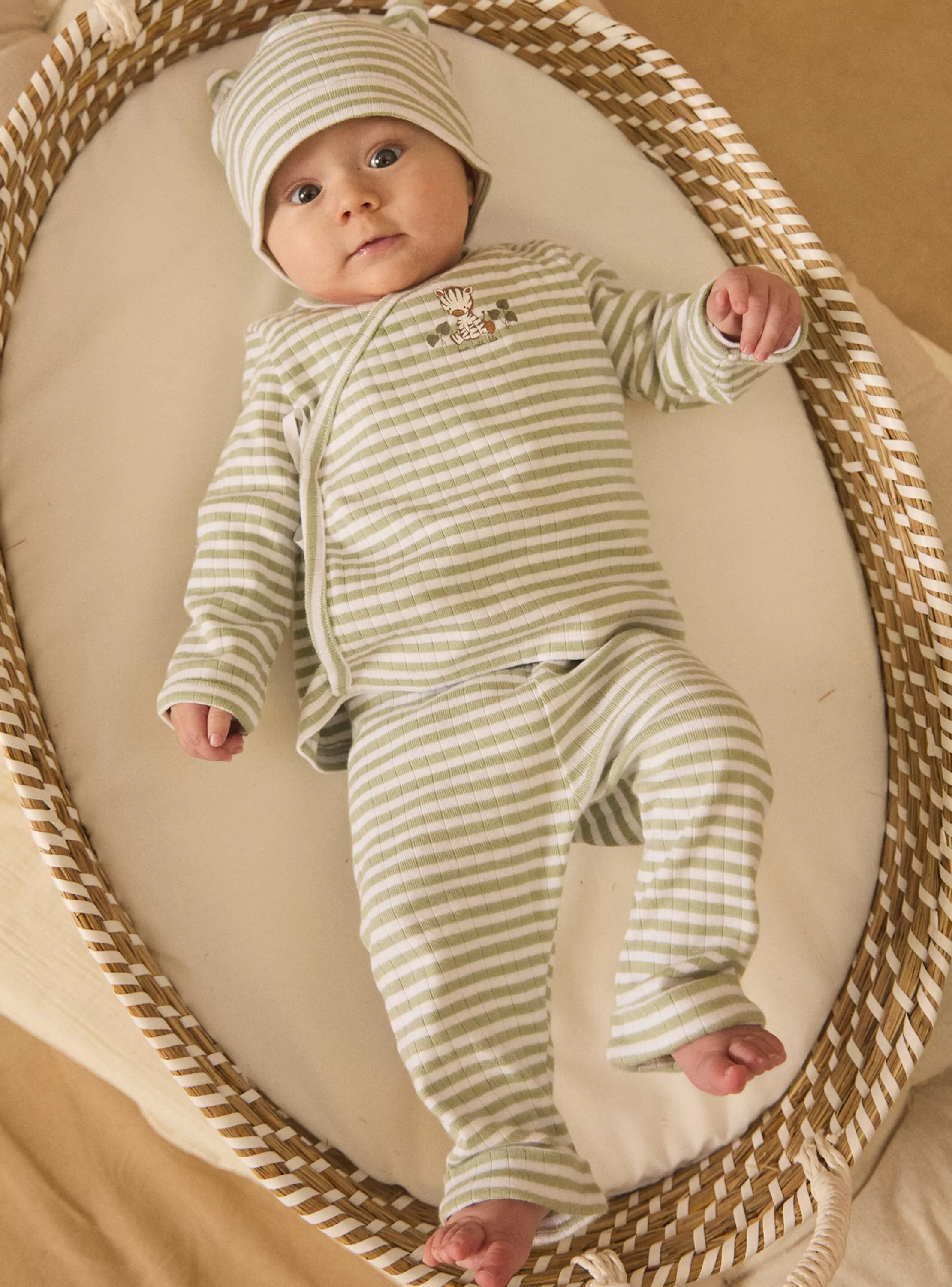 Store Sergent Major Ensemble de naissance en côtes plates haut + pantalon + bonnet
