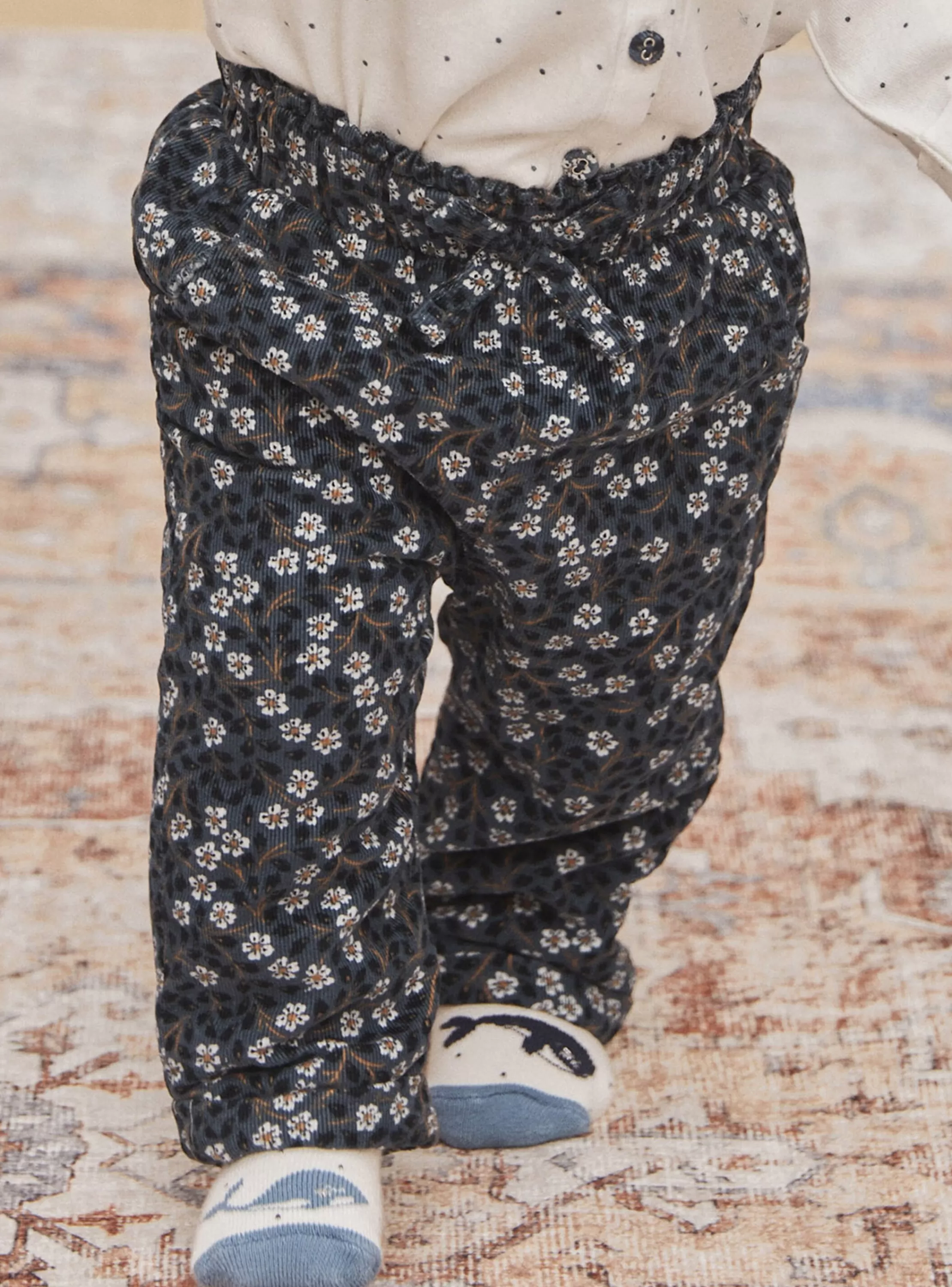 Sale Sergent Major Pantalon bleu ardoise à imprimé fleuri en velours côtelé