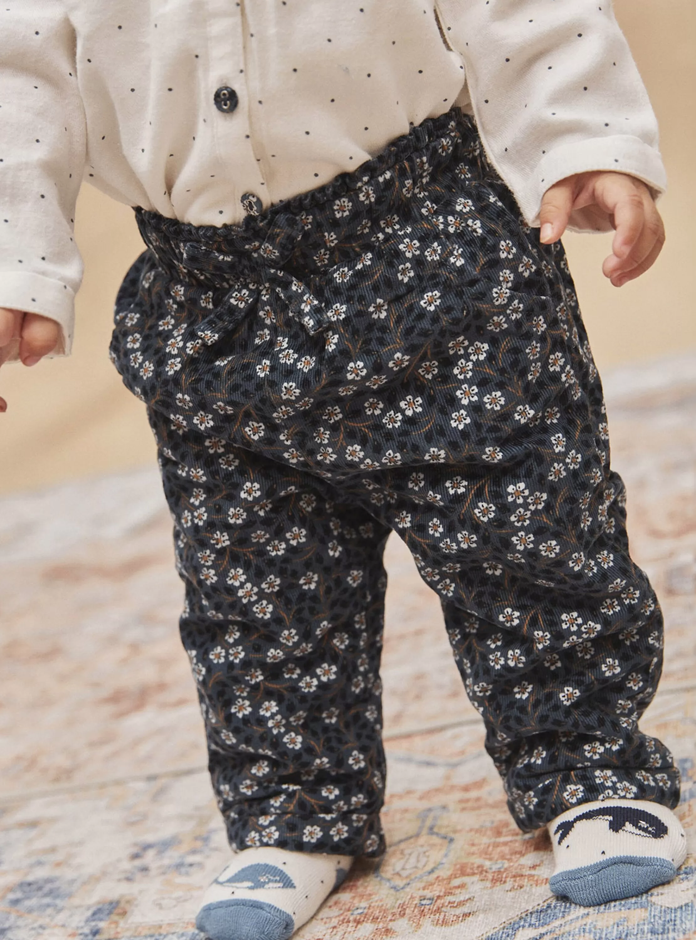 Sale Sergent Major Pantalon bleu ardoise à imprimé fleuri en velours côtelé