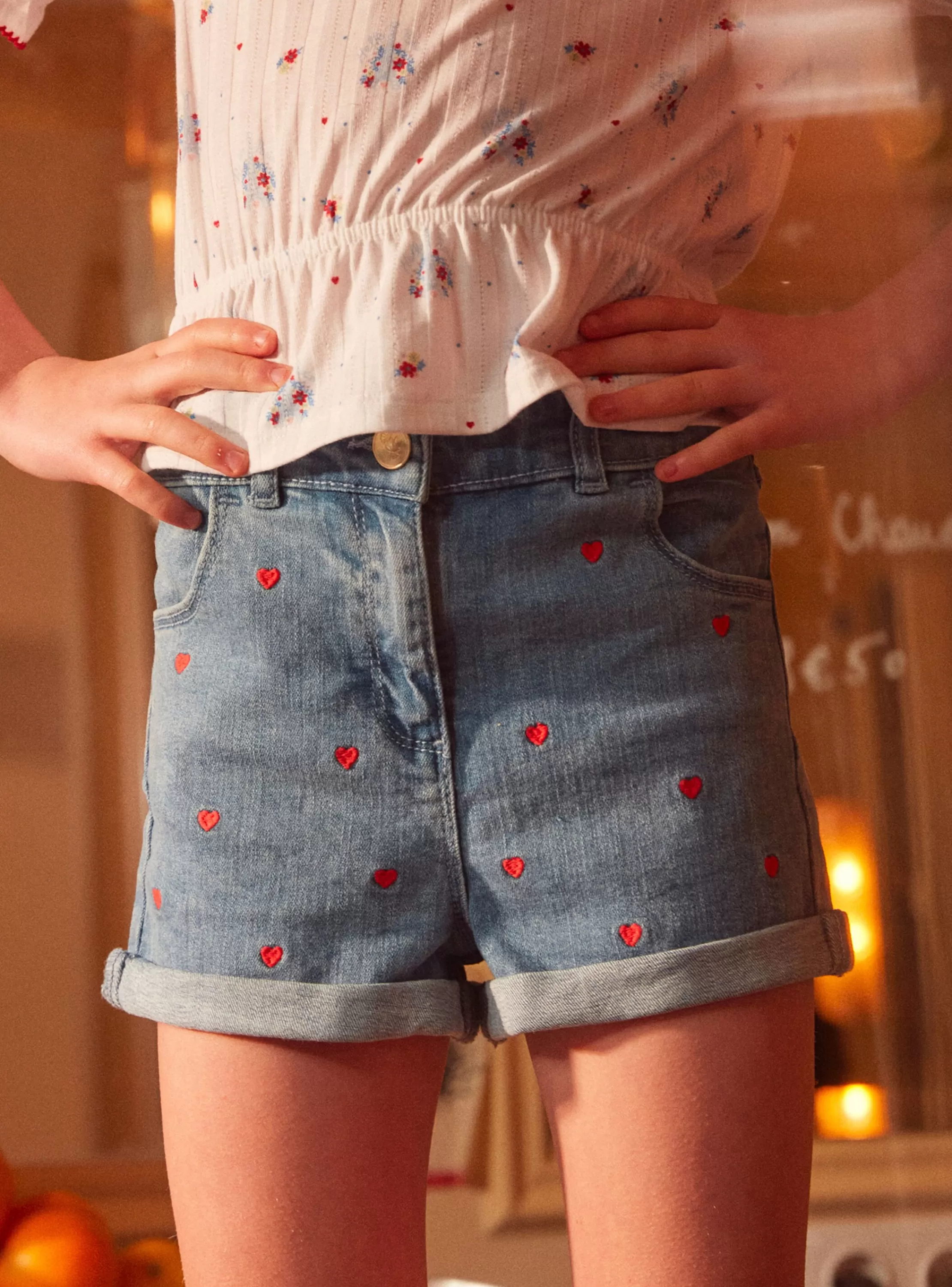 Cheap Sergent Major Short en jean coeurs