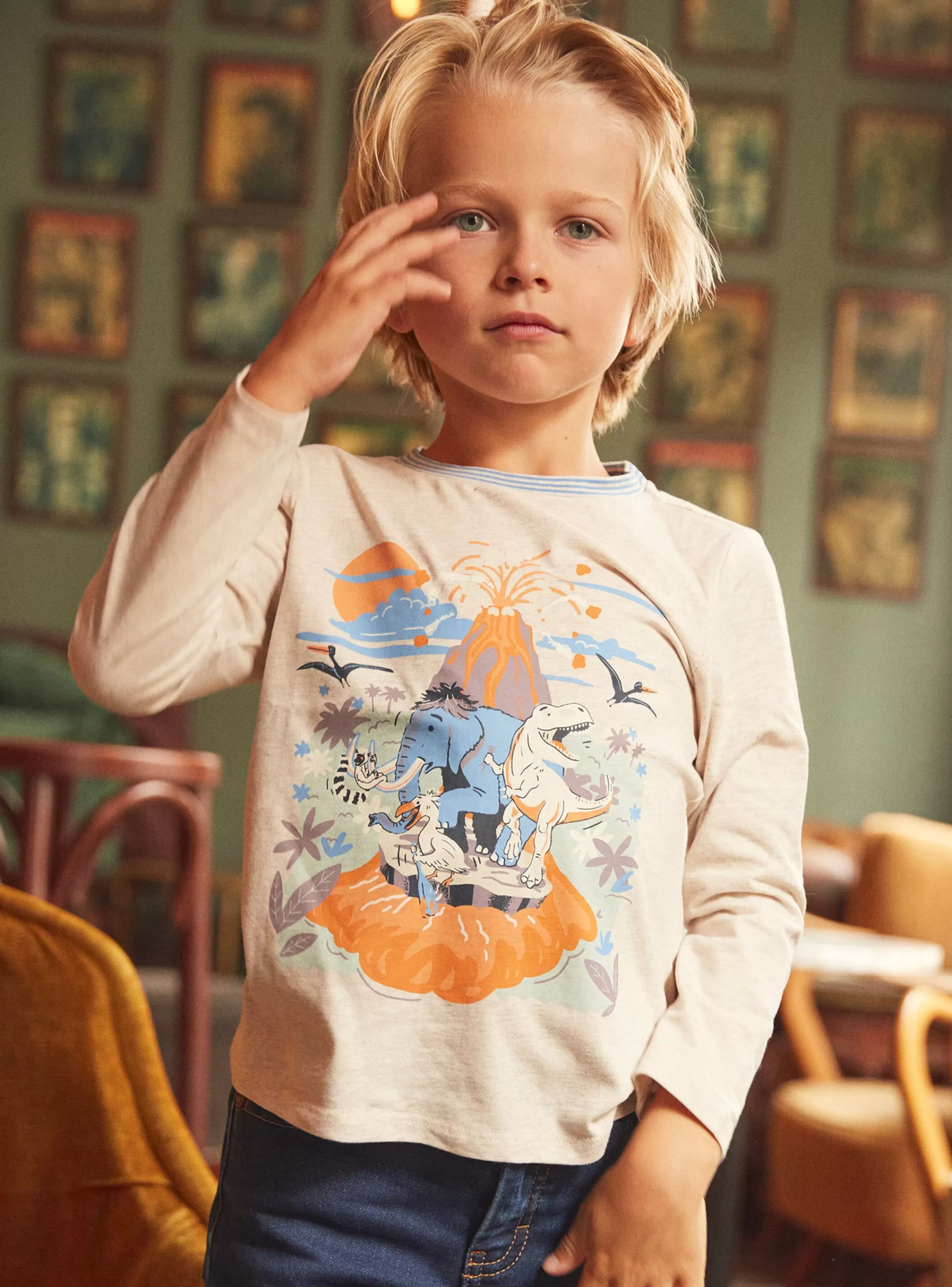 Outlet Sergent Major T-shirt beige à motif animaux préhistoriques