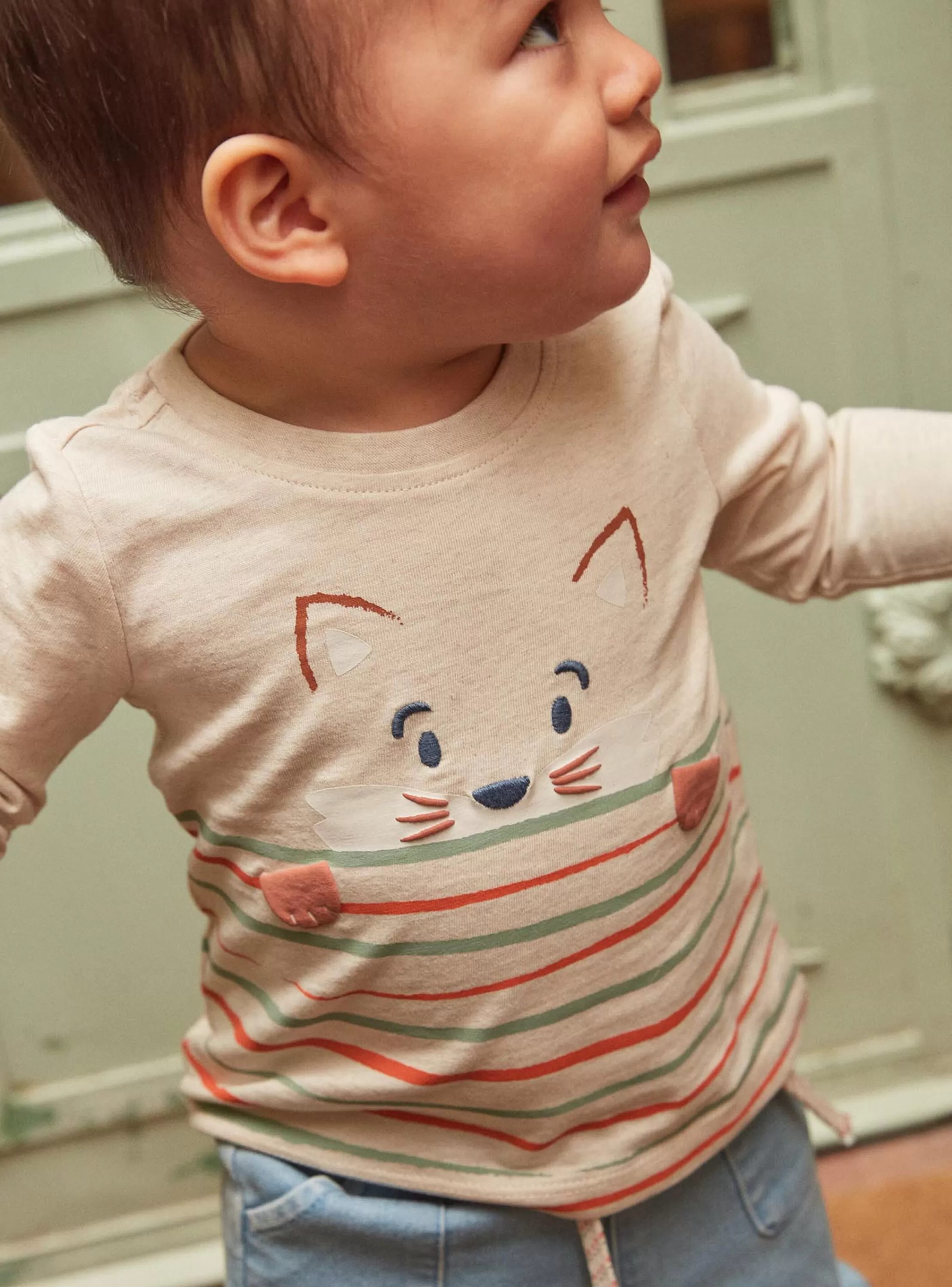 Hot Sergent Major T-shirt beige chiné à manches longues à motif renard